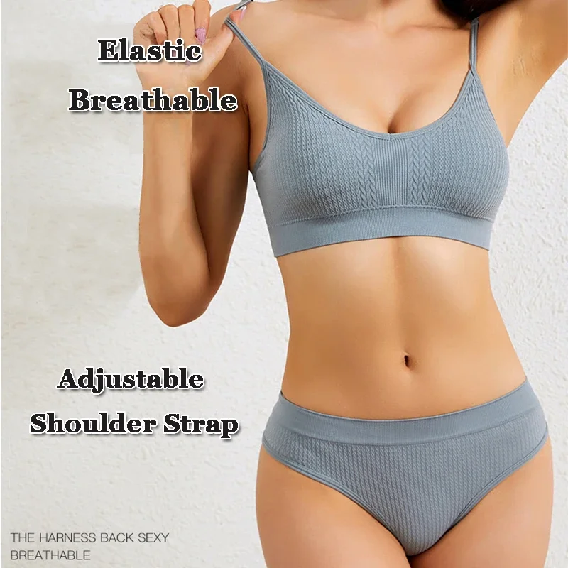 Women Seamless Bra and Panties Set Sexy Lingerie Wireless Underwear Tops Set Low-waist Thong Panty Wire Free Bra Underwear Set