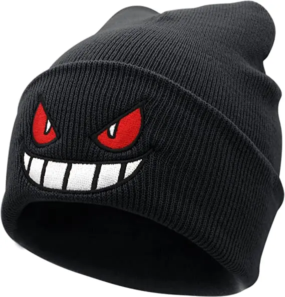 2024 Winter Funny Hats Halloween Warm Knitted Beanies Anime Cartoon Eyes Mouth Embroidery Caps For Men Hip Hop Bonnet Unisex
