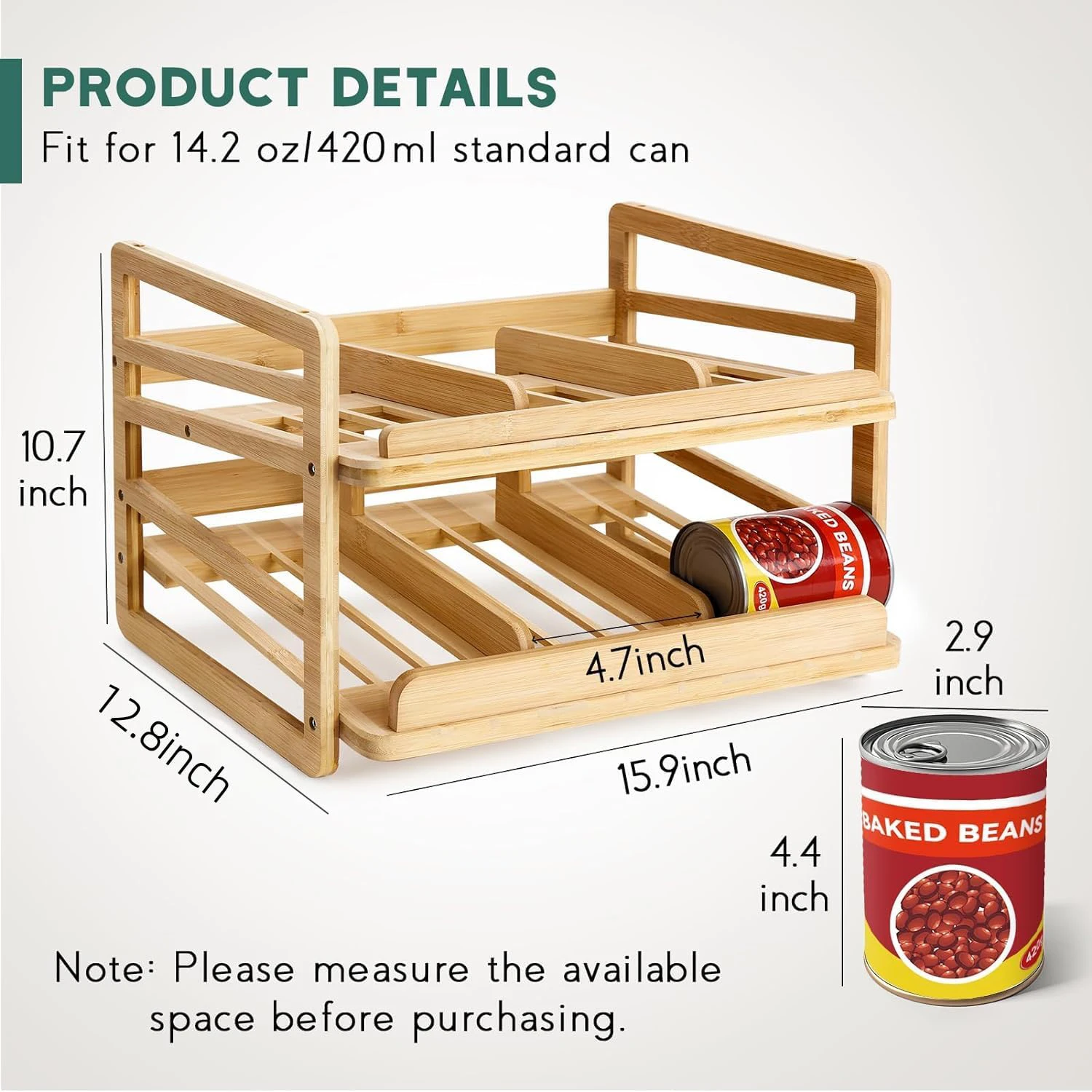 Rolling Bamboo Can Organizer Rack Stackable Double-Layer Can Organizers and Storage For Pantry, Canned Goods Holder Dispenser