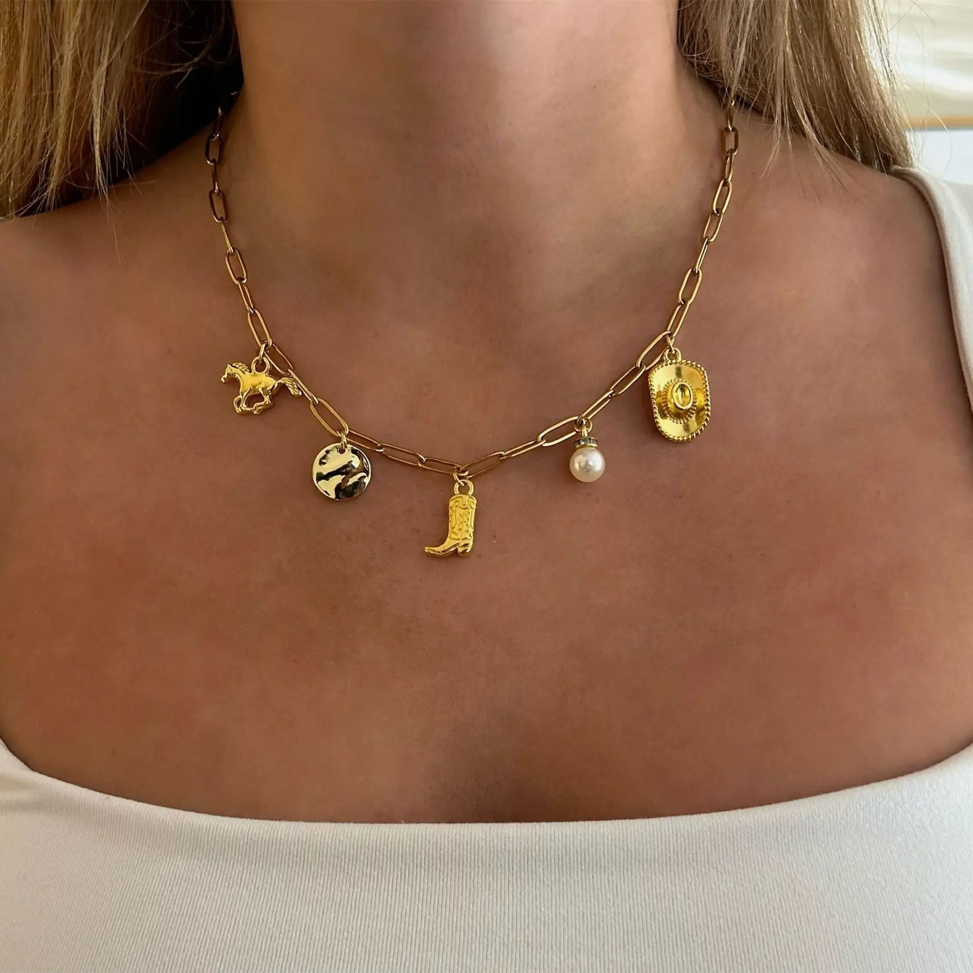Country Western collares Denim Boots Necklace Wild Horse Hat Pendant gold cowboy boot necklace western jewelry for women