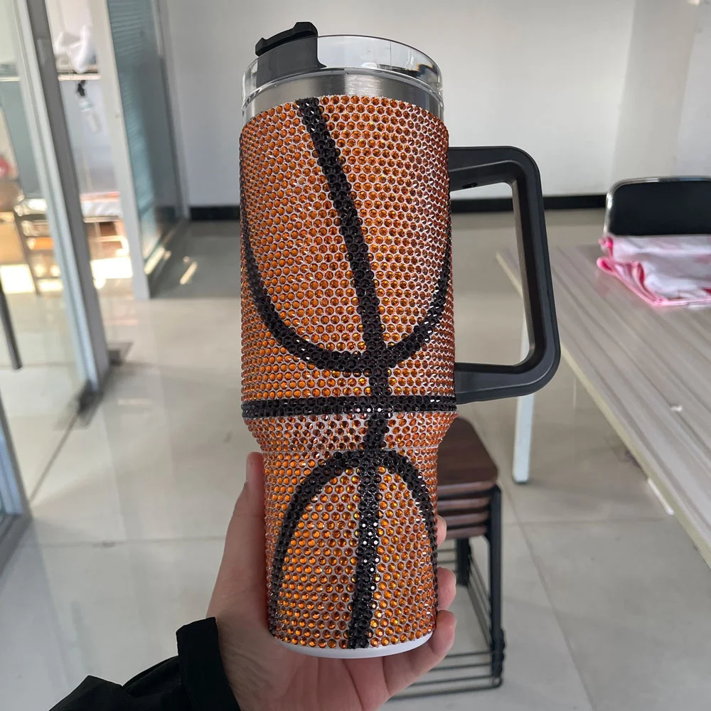 40oz Diamonds Bling Basketball Tumbler With Handle And Straw Stainless Steel Travel 40oz Football Baseball Rhinestone Tumbler