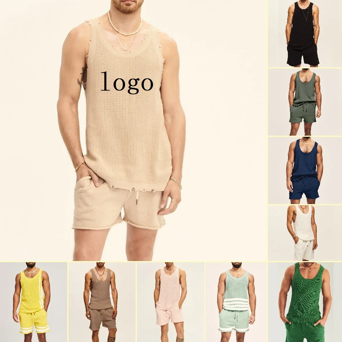 Hot 2024 Custom Logo Knitted Vest Shorts Two Piece Tracksuit Plus Size 5XL Mens Sleeveless Summer Sweatshirts Set
