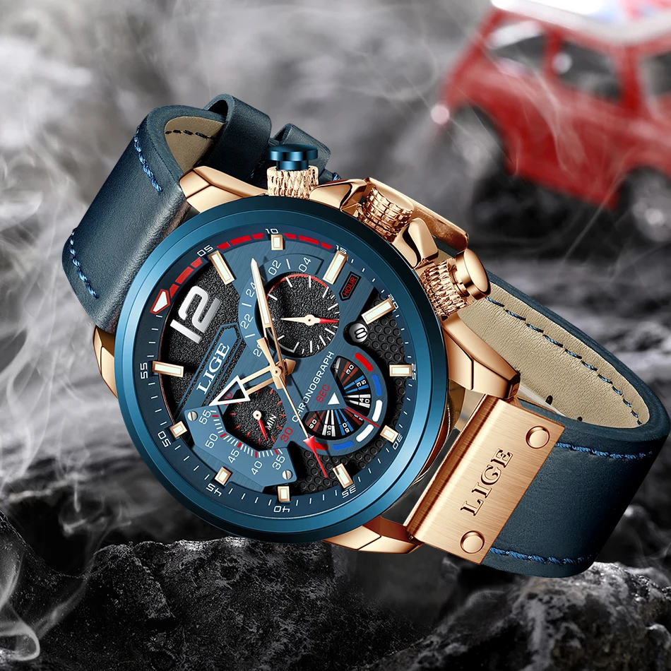 LIGE LG8959 new arrival blue male quartz watch low cost PU leather band 3 dials chronometer old sports hand watch