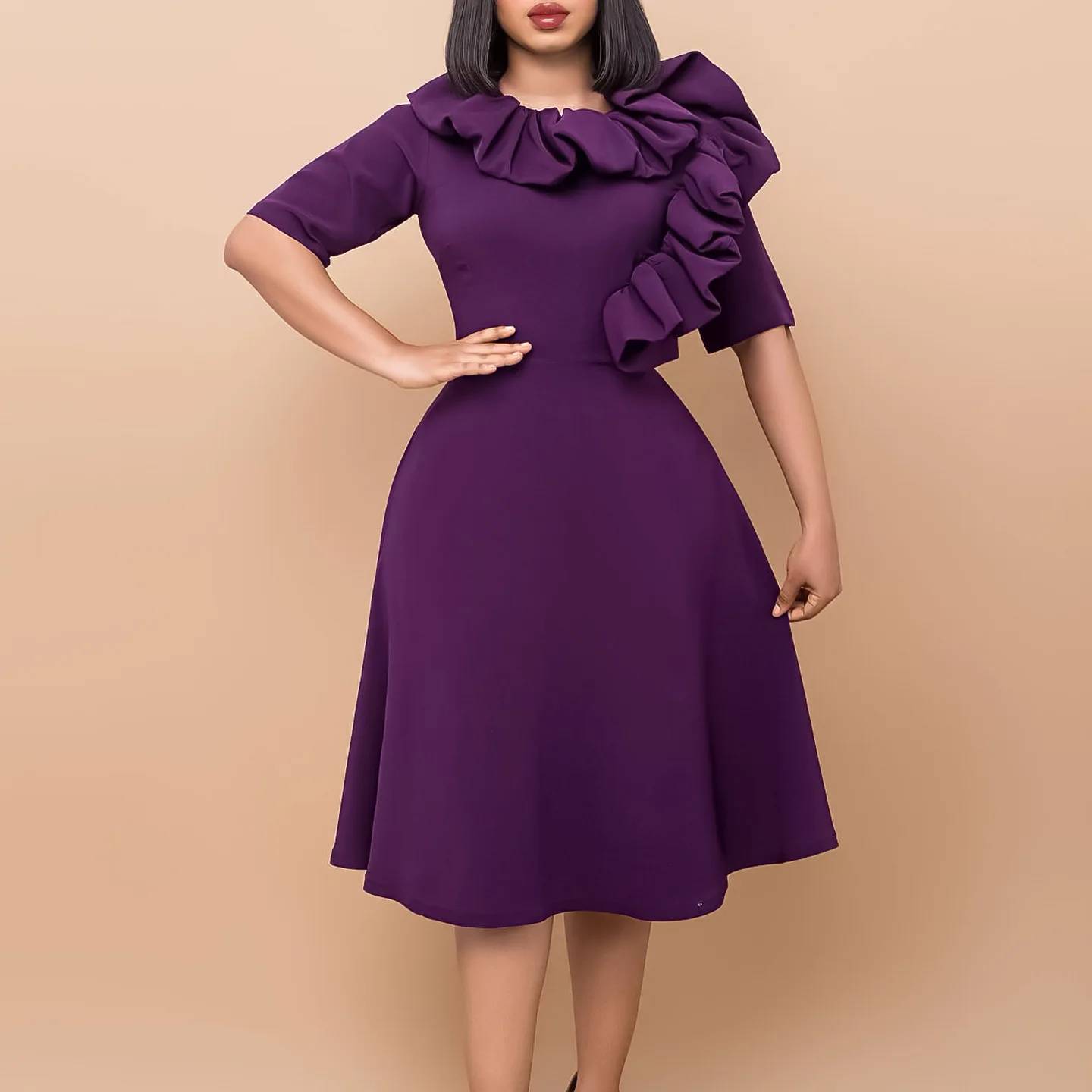D417 Latest Design Fashionable Autumn Dresses 2023 Solid Color Ruffle A-line Elegant Dresses Casual Women African Dresses