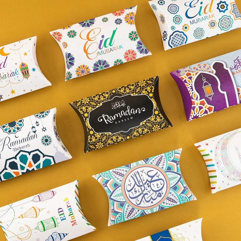 MorSun Muslim Candy Pillow Boxes For Handmade Cookie Packaging EID Mubarak Islamic Festival Party Decoration Supplies