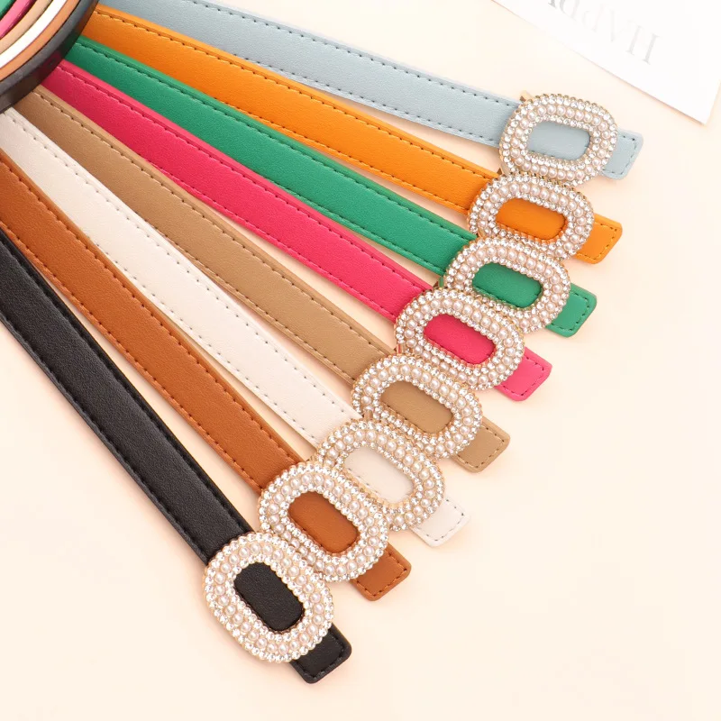 Women Jeans Luxury Fashion Waist Belt Lady Trend Oval Alloy Buckle Crystal Pearl Decoration Pu Belt