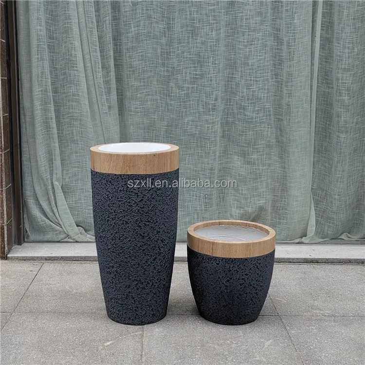 Indoor wood grain color floor standing large vase stone paint fiberglass decor plant pot decorated rooms vase