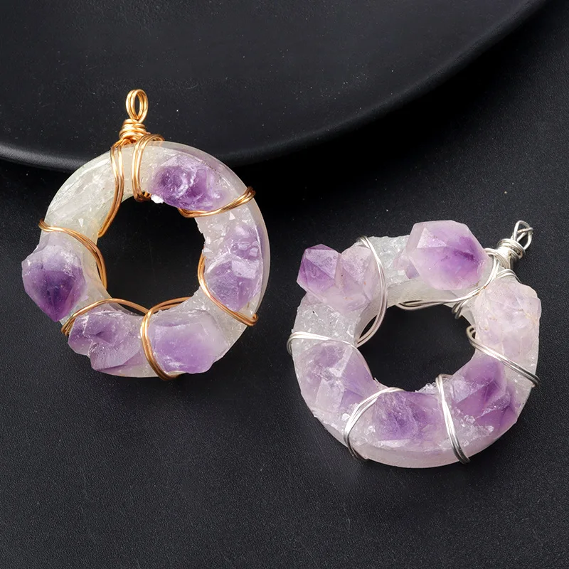 Natural Quartz Amethyst Cluster Donut Shape Raw Stone Resin Base Wire Wrap Design Pendants & Charms Necklace Jewelry Accessory