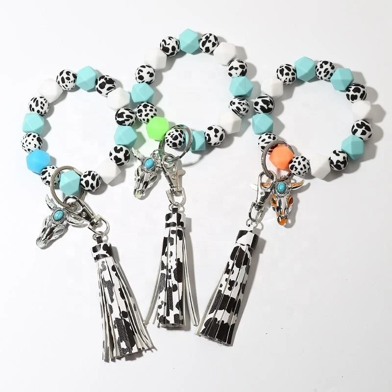Western Cowboy Luminous Bracelet In Dark Cow Print Silicone Beads Wristlet Keychain With Tassel Perfect Gifts For Night Party