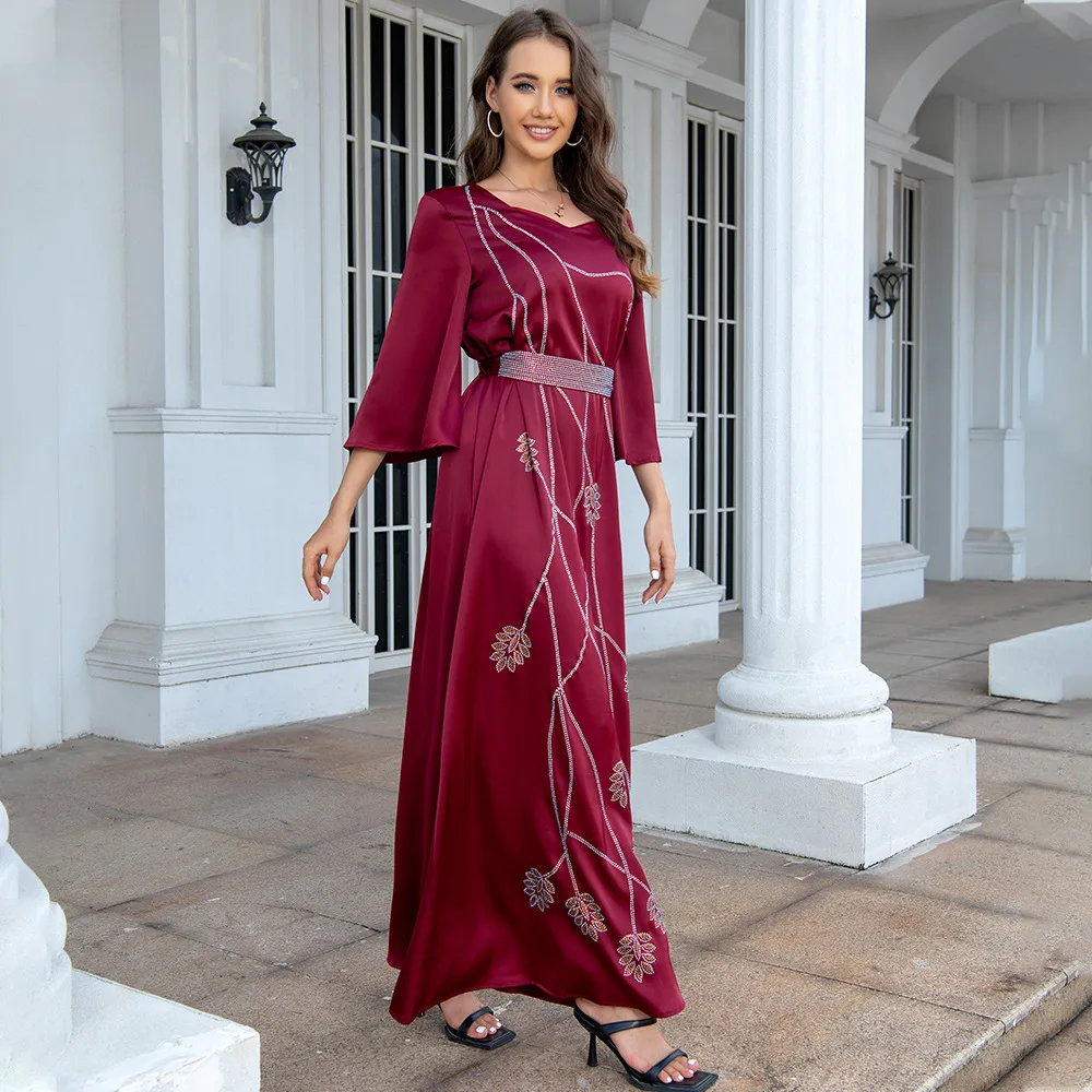 Women Diamonds Dubai Abaya Flare Sleeves Leaf Pattern V Neck Fashion Muslim Robe Evening Dress