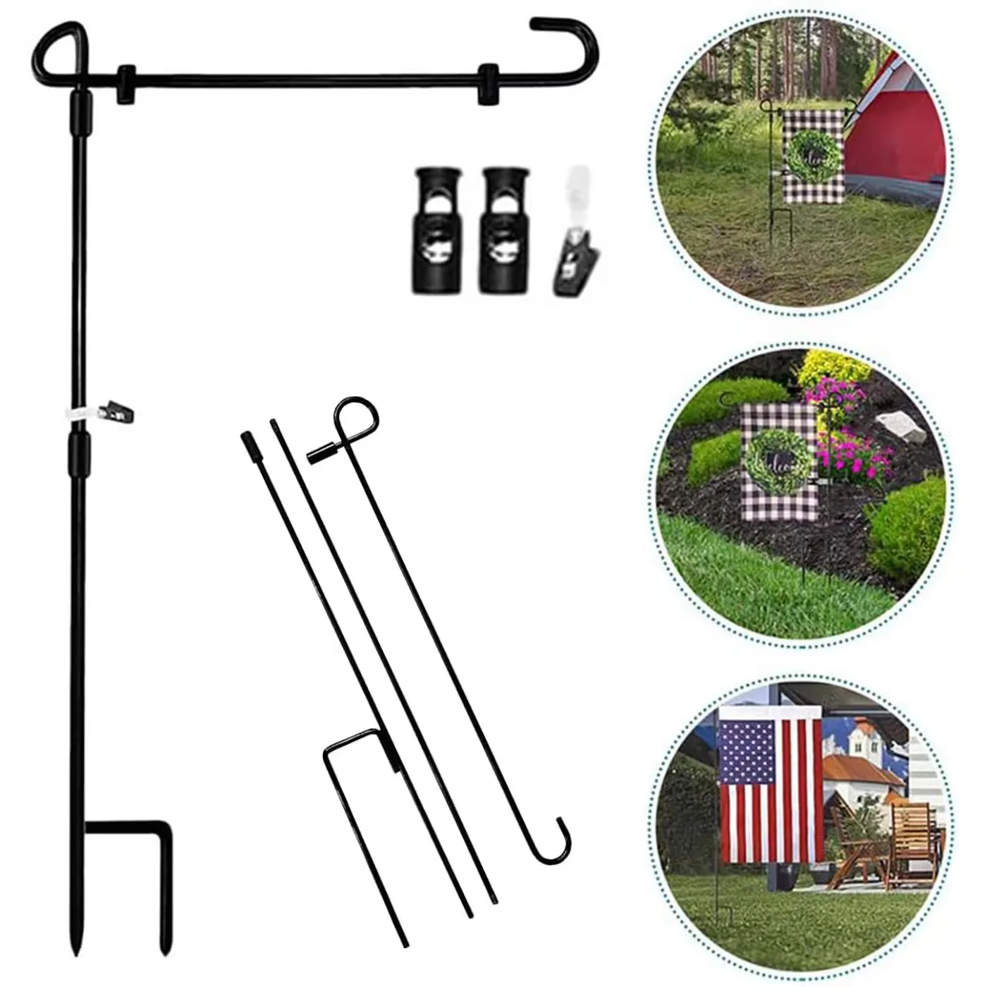 Decorative Garden Yard Flag  Metal Powder-Coated Weather Proof Flag Holder pole with Clip and Stopper Garden pole stand