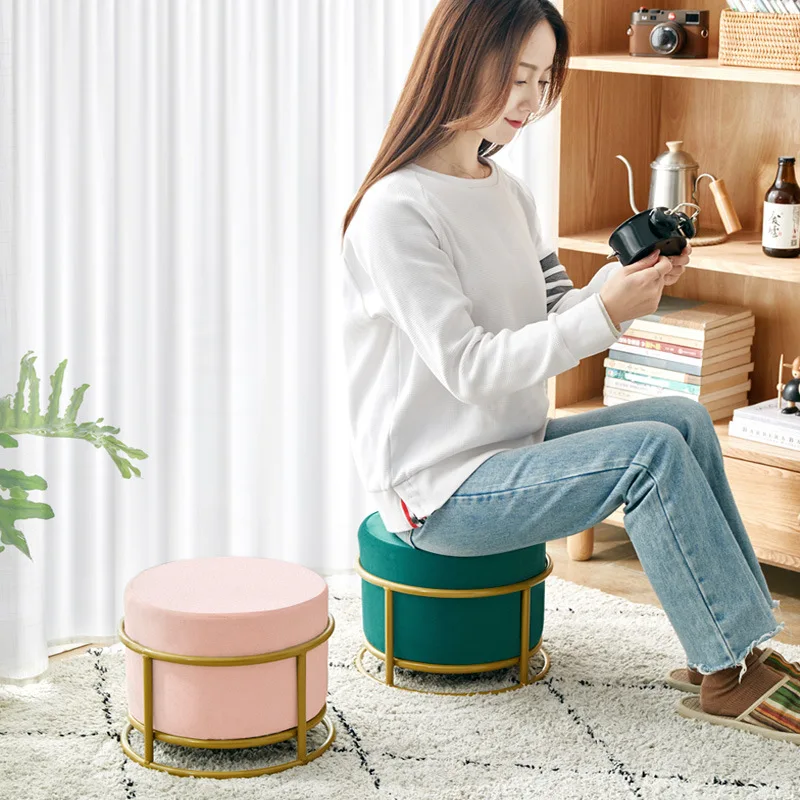 LH-040  living room stool pink velvet round pouf ottoman changing stool living room  pink velvet round mental  chair  shoe stool