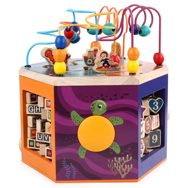 Multifunction Ocean Musical Six Sides Wooden Bead Maze Children Intelligence Learning Educational Cube Toy