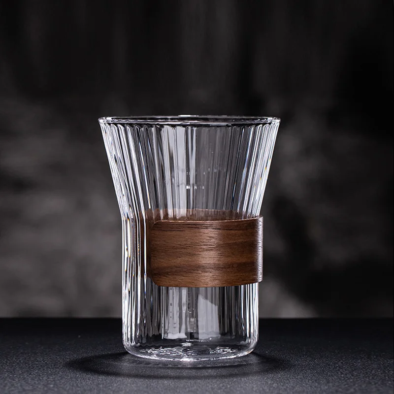 Japanese Style Handmade Vertical Stripe Coffee Mug With Bamboo Ring Glass Drinking Tea Cup with Wood Anti-scalding design
