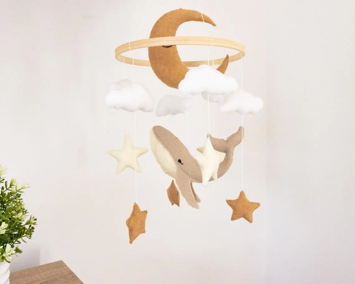 Gender Neutral Personalized Nautical Crib Cot Stuffed Felt Moon Whale Baby Mobiles for Nursery Decor Baby Shower Gift