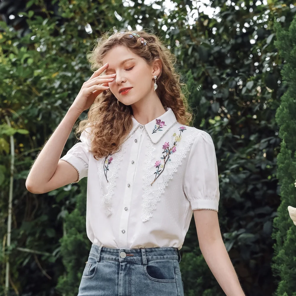 Elegant Double Collared Embroidered White Shirt Womens Blouses Shirts Tops Women Blusas De Mujer