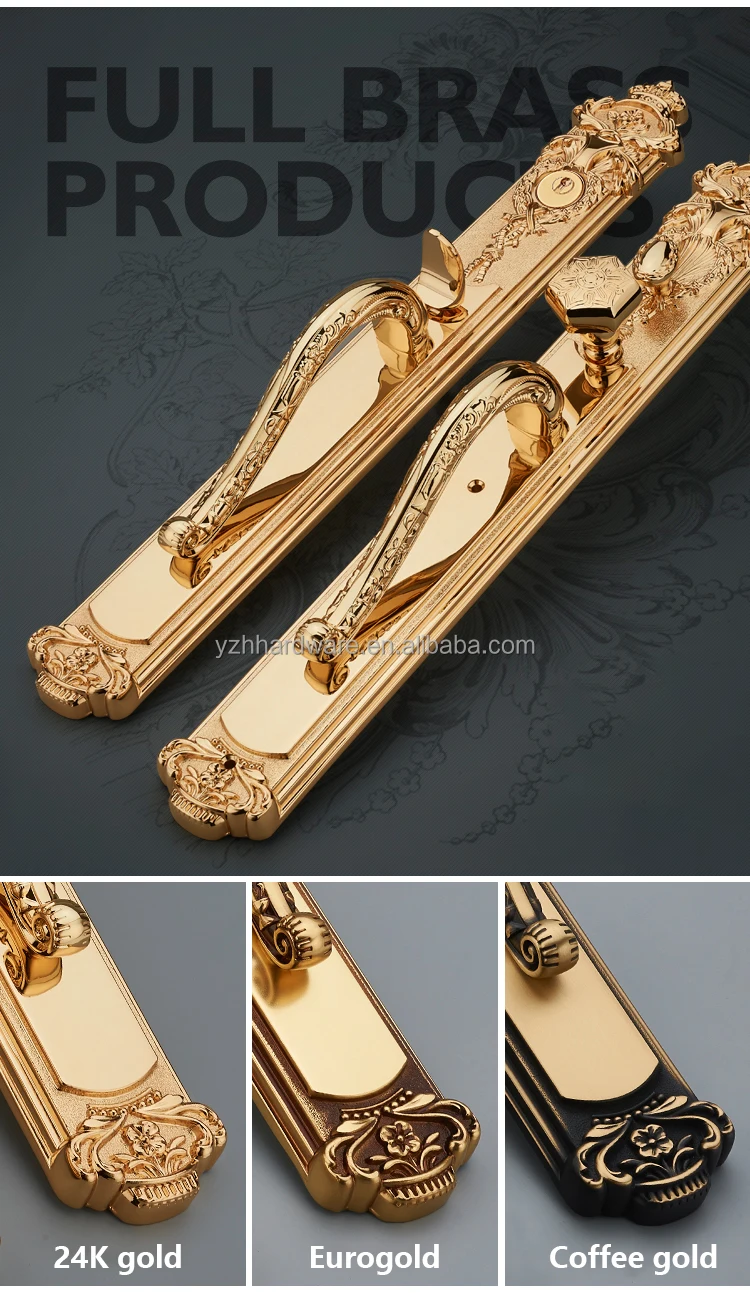 Hot selling 2K gold noble brass carved main door wooden door lock villa brass door handle lock set