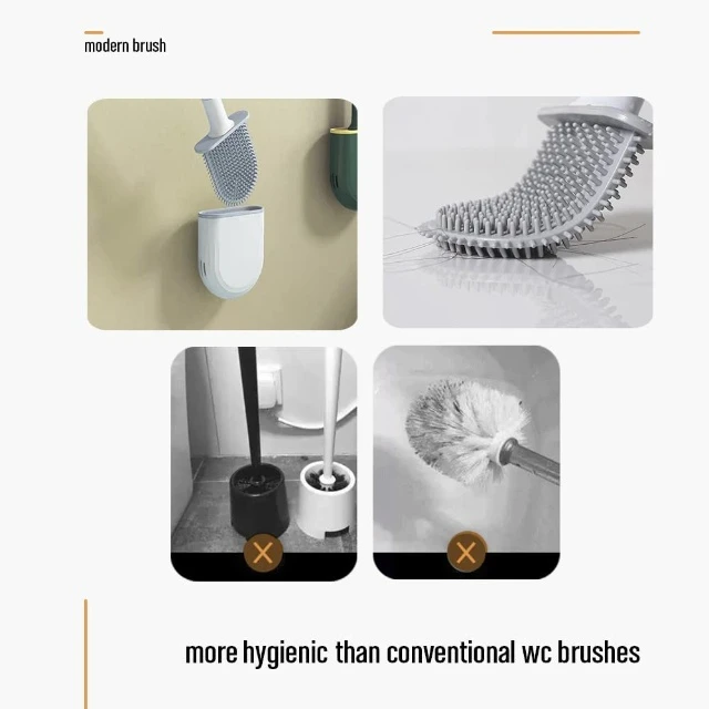 Advanced Silicone Toilet Brush with Wall Mount Creative Clean Brush with Self Adhesive Base Toilet Brush for Bathroom-White
