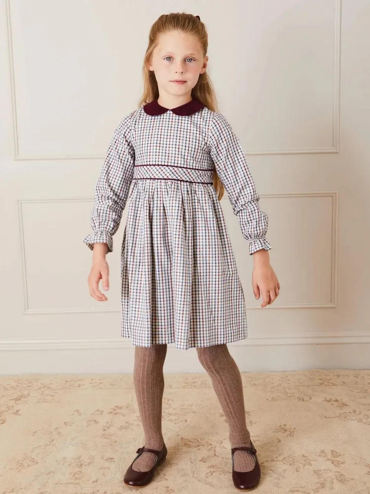 Custom Spanish Vintage Autumn Plaid Peter Pan Collar Children Boutique Long Sleeve Frocks Brands Clothes Kids Baby Girl Dresses
