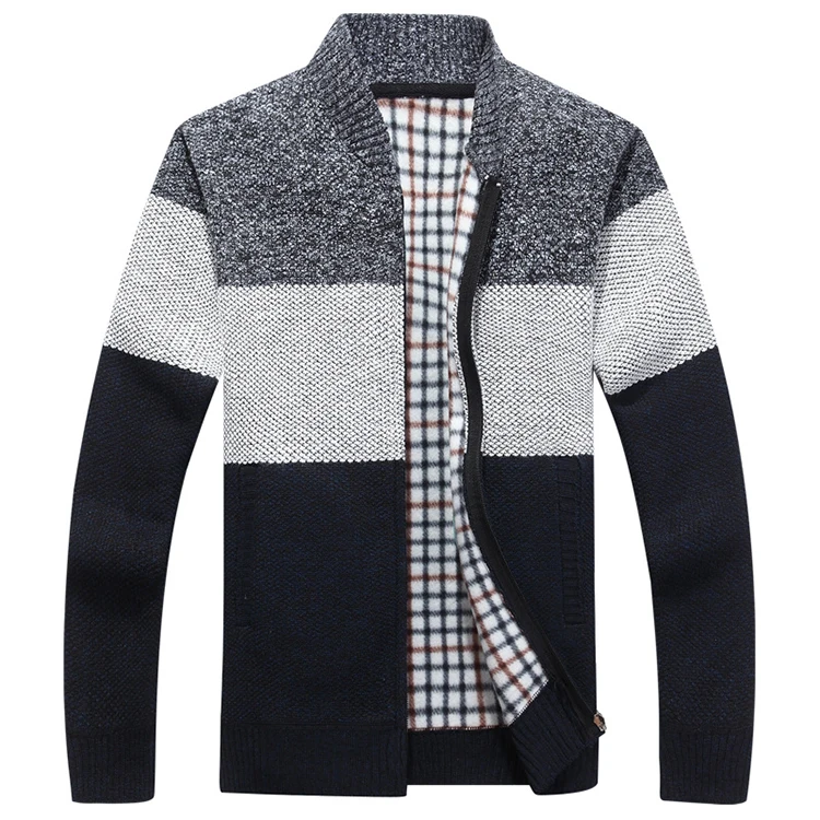 2021 Winter Fashion O Neck Long Sleeve Grey Color Block Zip Up Mens Cardigan Sweater For Men