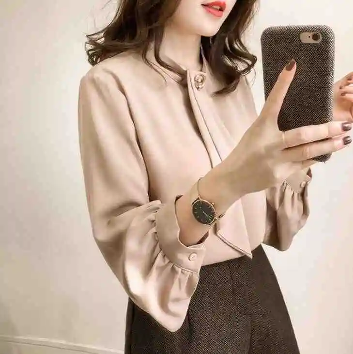 autumn new fashion solid color loose lantern sleeves chiffon shirt female large size long sleeve shirt Han Fan shirt