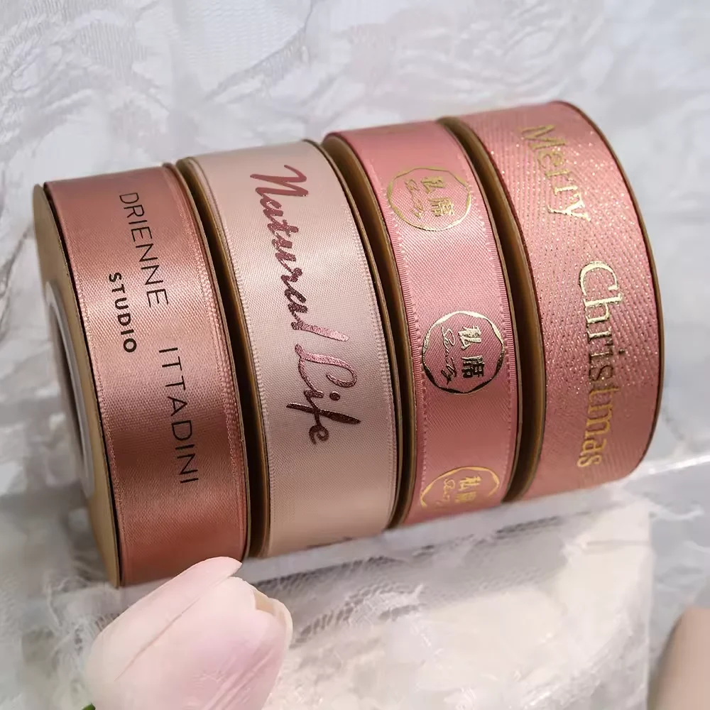 Recycle Hot Sell 3D customized printed valentines day ribbon with logo custom gold logo on pink satin ribbons gift wrapping