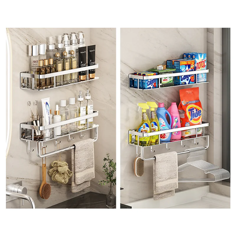 Double layer stainless steel free drilling storage rack wall bathroom shelves spice organization storage holder