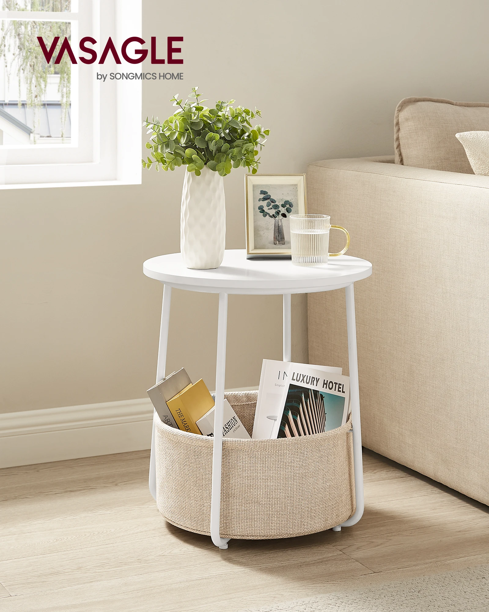 VASAGLE Modern Nightstand with Fabric Basket Classic Multicolor Small Round Side End Table
