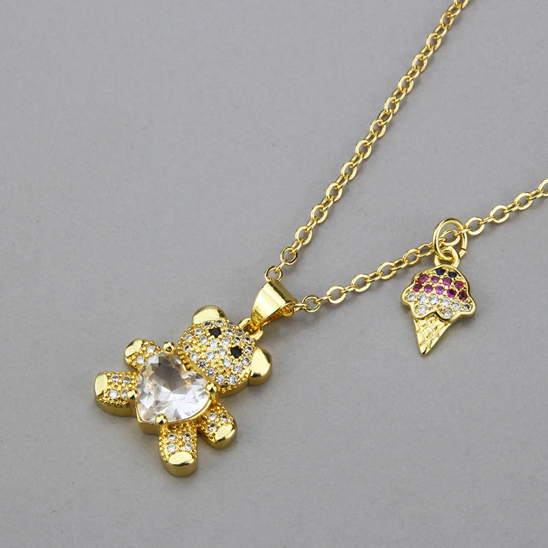 New Design Fashion Diamond Love Bear Pendant For Women  Cute Teddy Bear Ice Cream Combination Necklace