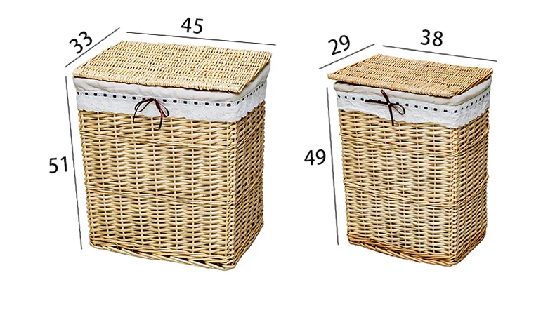 Large Rectangular Natural Brown Wicker Storage Basket Home Laundry Basket with Plastic Lid Lining for Clothes Organization