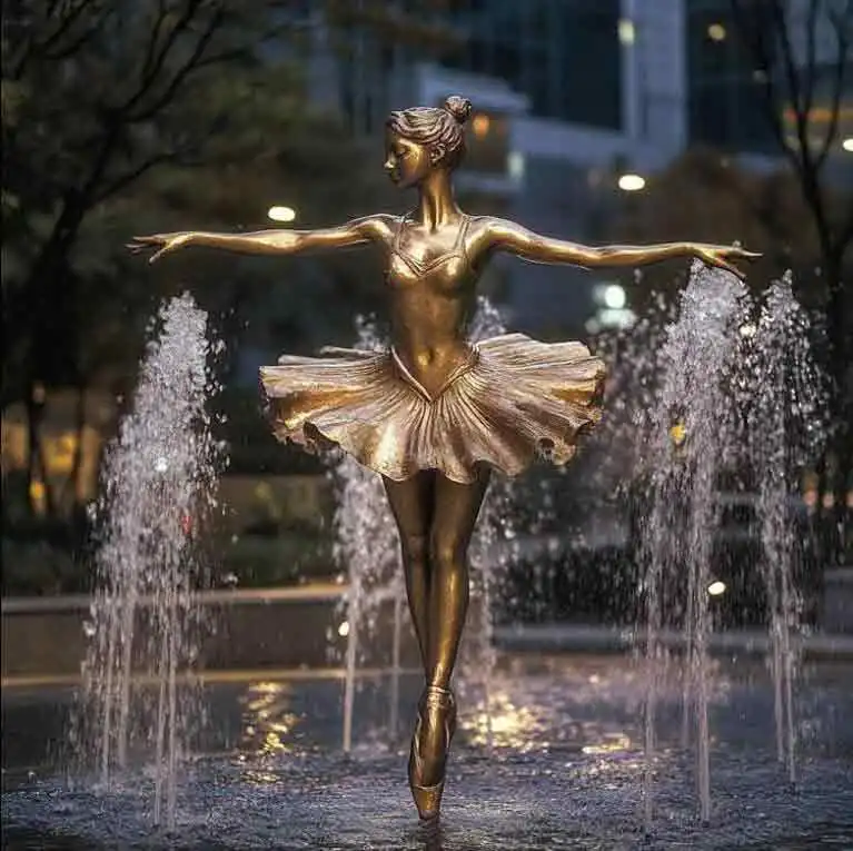 Custom public art brass ballerina statue Water skirt fountain Bronze sculpture