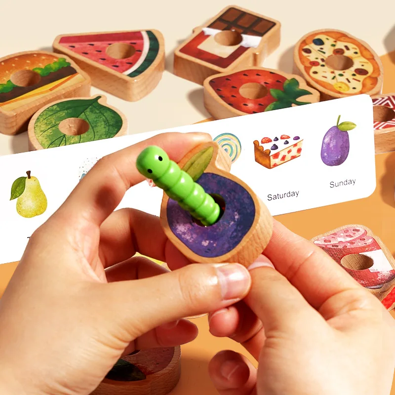 Montessori Baby Wood Caterpillar Wearing Rope Threading Game Educational English Food Puzzle Learning Toys For Boys Girls