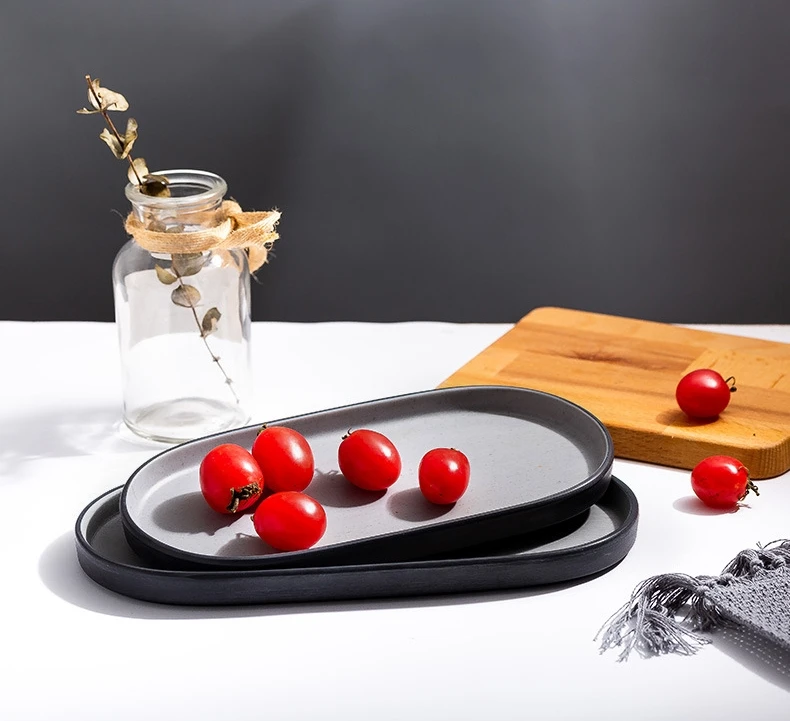 Custom Logo Rectangular Dinner Dishes Plates Barbecue Sushi Long Melamine Solid Black Grey Dinner Plates