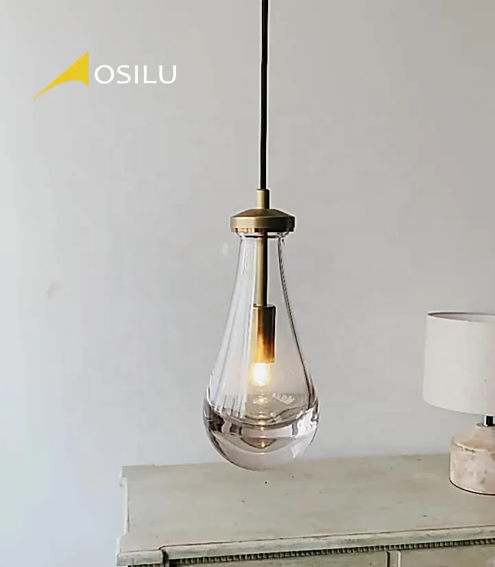 Modern Simplicity All Copper Water Drop Glass Chandelier Pendant Light for Bar Restaurant Bedroom