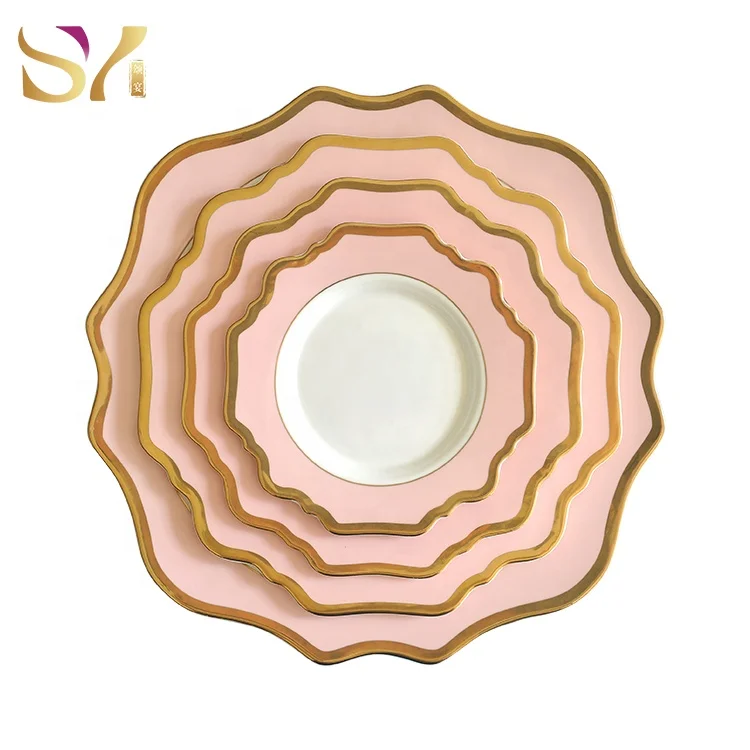 Оптовая продажа, красочная керамическая посуда, розовый набор обеденных тарелок, свадебный набор для аренды, фарфоровая посуда
