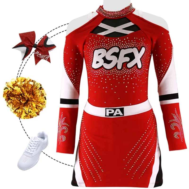 Wholesale Red High Quality Kids All Star Custom Rhinestone Cheerleading Uniforms With AB Crystal Cheer Practice Wear