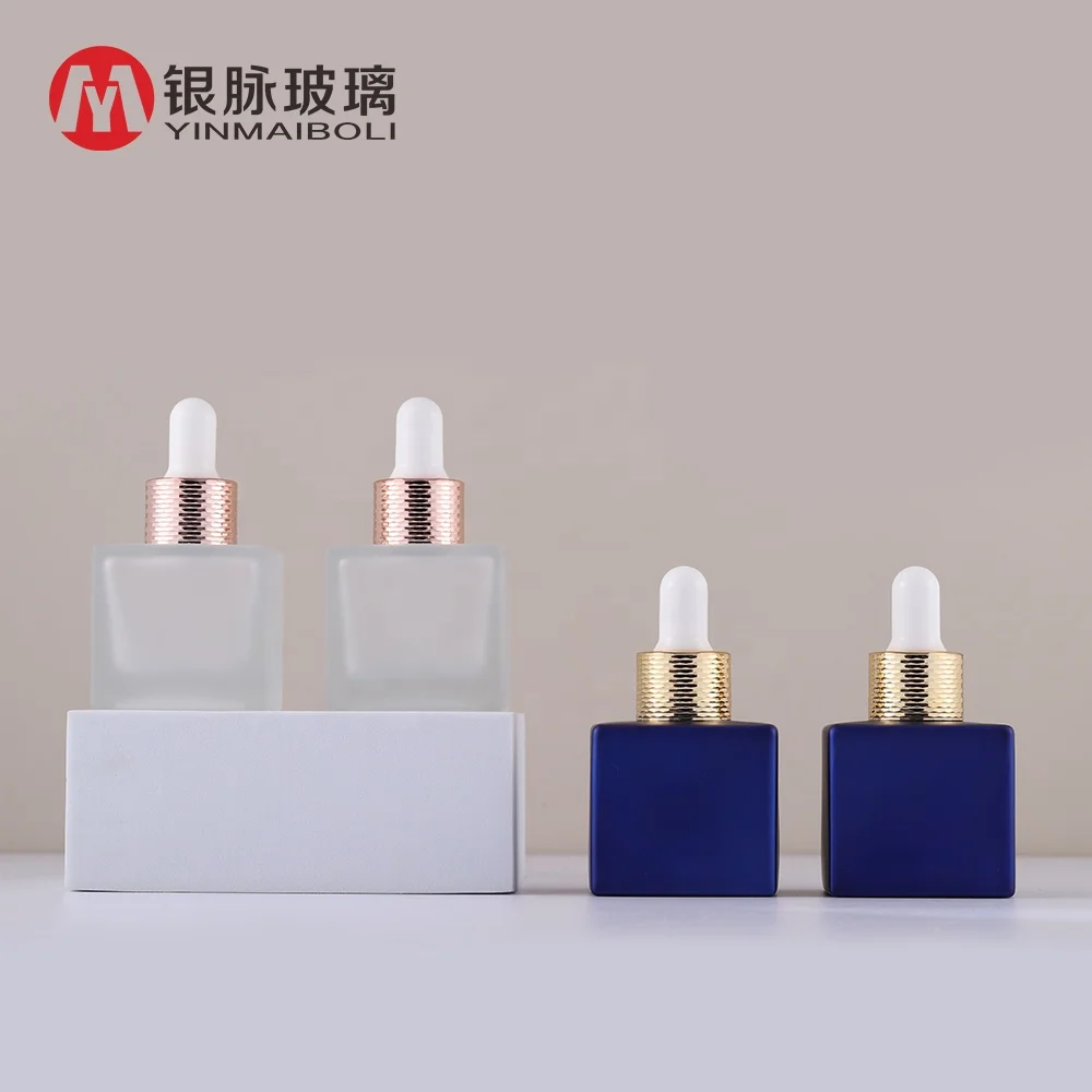 Essential oil  30ml matte frosted blue square glass dropper bottle with gold honeycomb ring cap