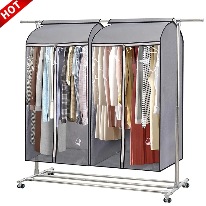 Wholesale 2 Pack 43 Inch Grey Non Woven Hanging Garment Bags Large Clothes Dust Cover With Zipper