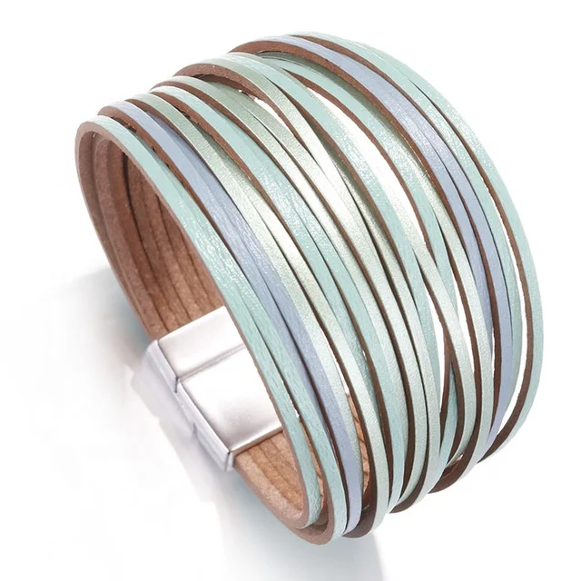 Women Lady Multilayer Leather Bracelets Slim Strips Magnetic Buckle Wrap Bangle Female Jewelry Gift