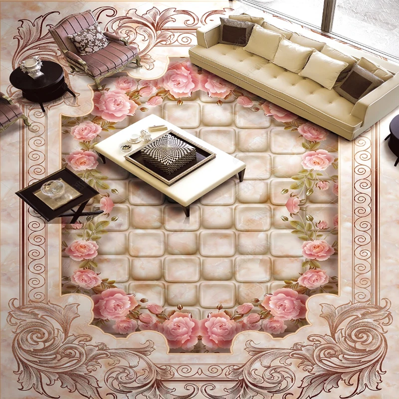 Printing 3d Floor Stickers Marble Pattern Wallpaper For Bedroom Walls Mosaic Romantic Pink Rose Floor Sticker Waterproof