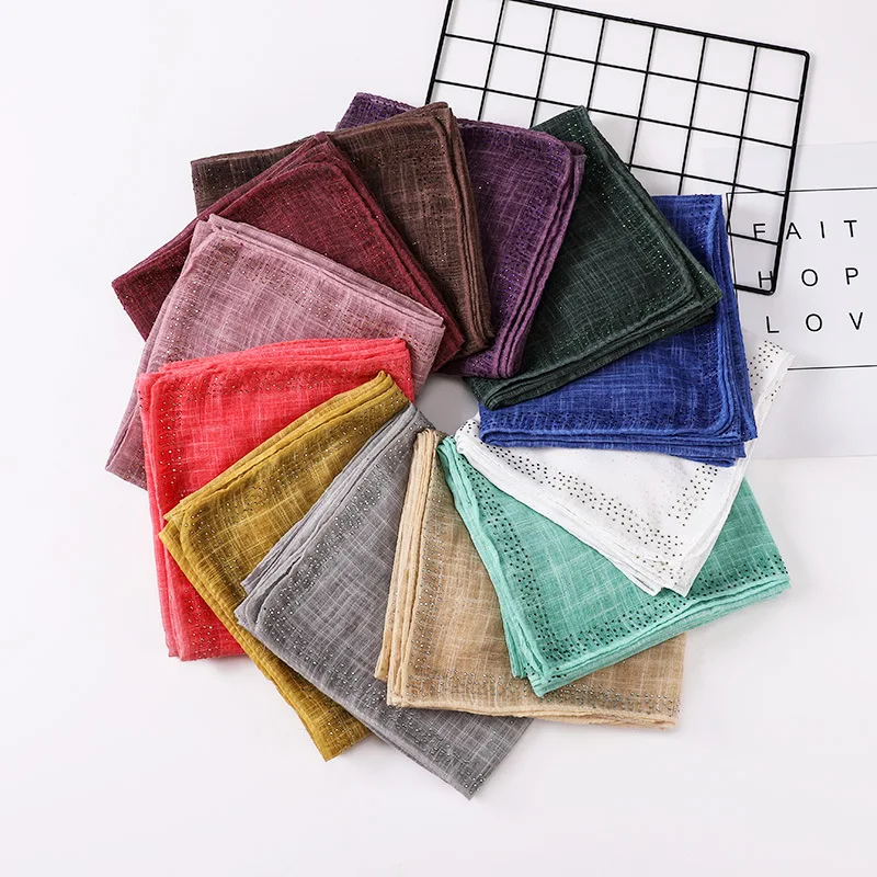 Hot sale hot diamond gold powder scarves fashion plain cotton hemp slubby yarn scarf female Malay Indonesian hijab shawl