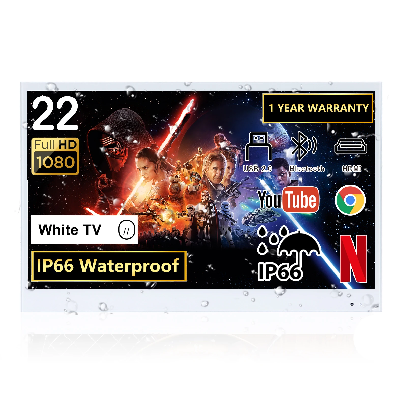 Television 22inch Whitew Waterproof IP66 Smart TVs for Bathroom 1080P Full HD with HDMI, USB Built-in Wi-Fi, Integrated Speakers