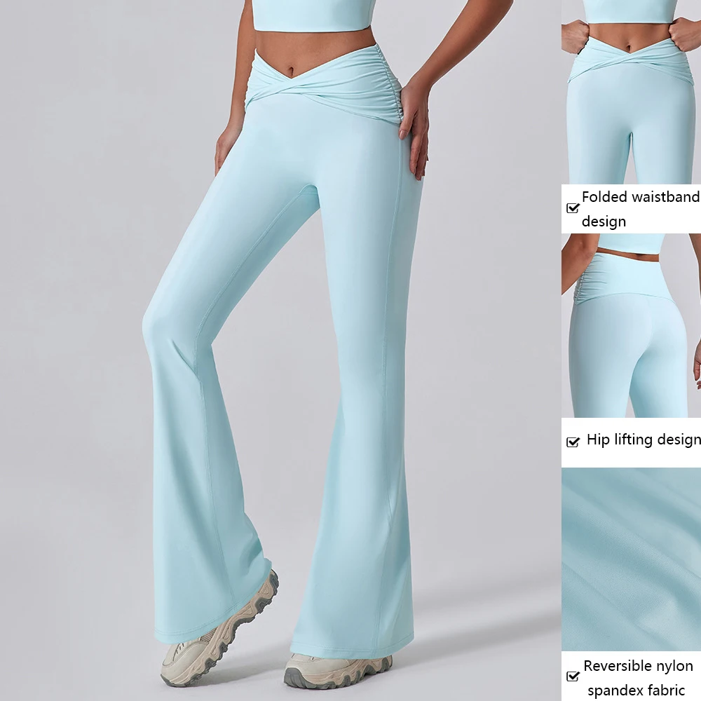 XW-YW516+KW403Wholesale hot sale chest pad tops pleated cross design bell bottom pants casual sports yoga gym women Sets