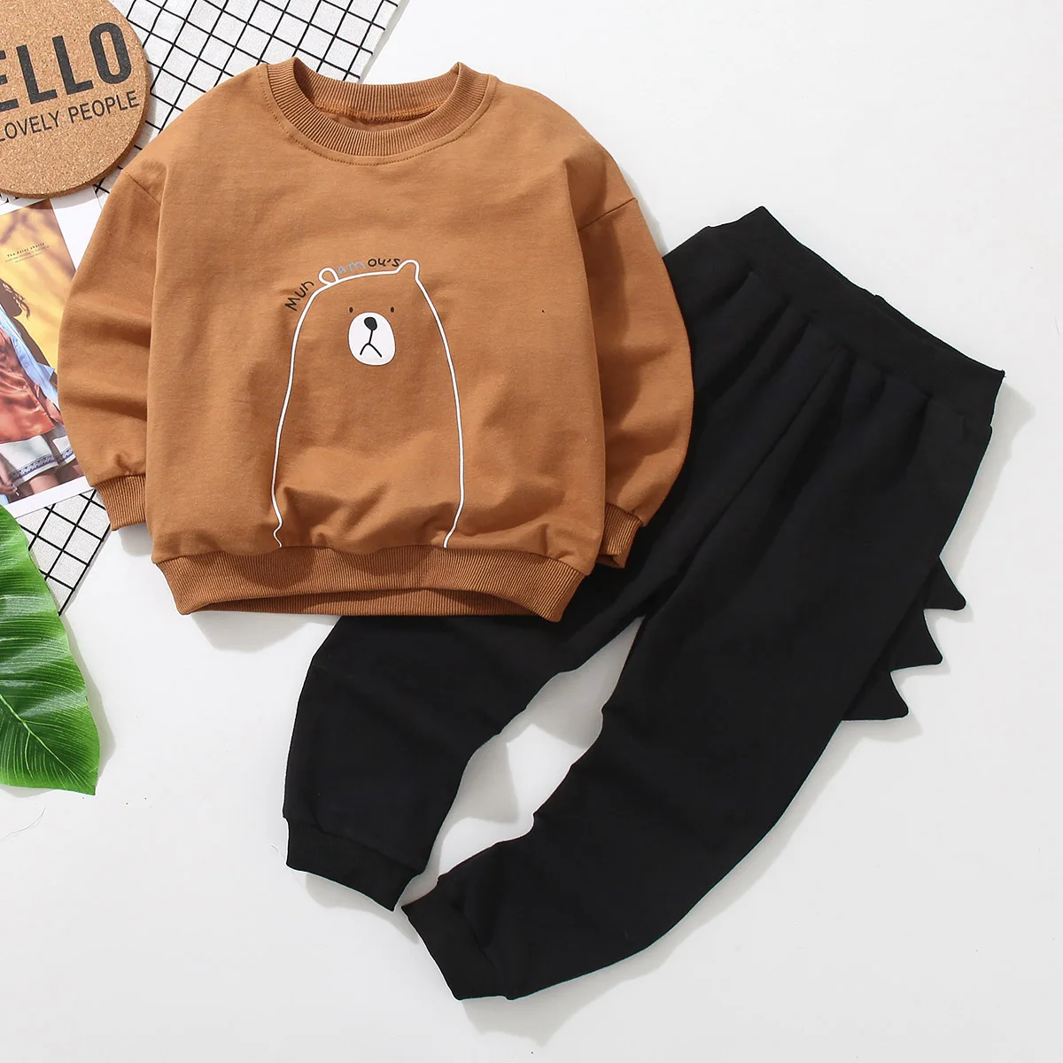 2021 autumn winter fashion khaki bear sport style suits o-neck collar elastical waistline thread cuff boy clothes 7 years old