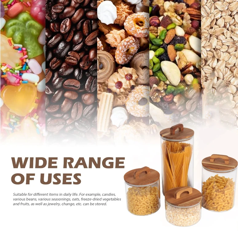 wholesale custom large clear food storage spice glass jar set kitchen airtight glass canister with bamboo wooden lid for kitchen