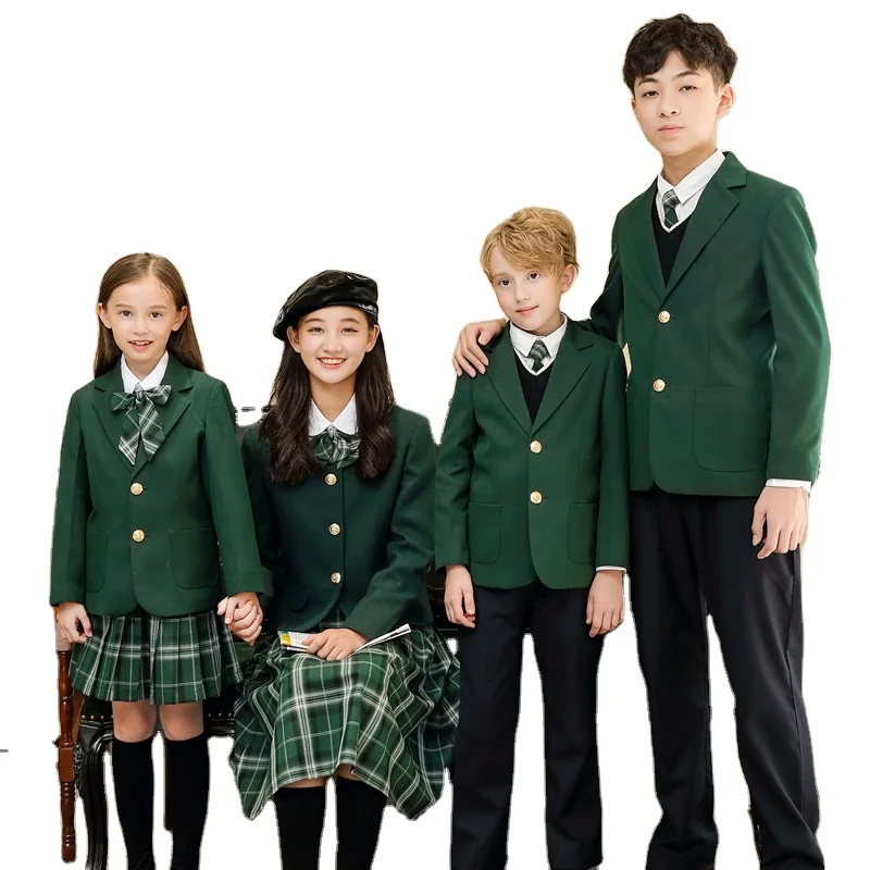 Hot sale vintage green blazer bottom grid skirt suit uniform youth leisure jacket fashion fitness boys and girls uniform