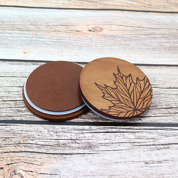 Vietnam hot selling mdf glass candle lid brown color lasering leaf round wooden lid OEM size and shape sealed wood lid