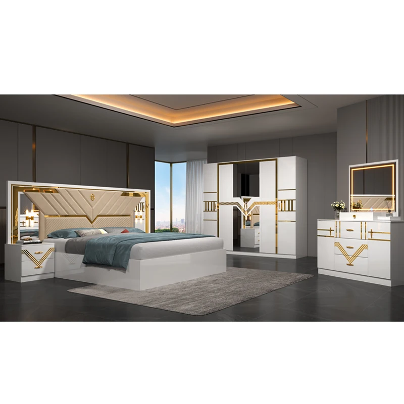 2024 New Design Wooden Double Leather Bed Room Suite Modern Luxury Full Set Cheap 5 Piece Mdf Home Furniture Bedroom Sets