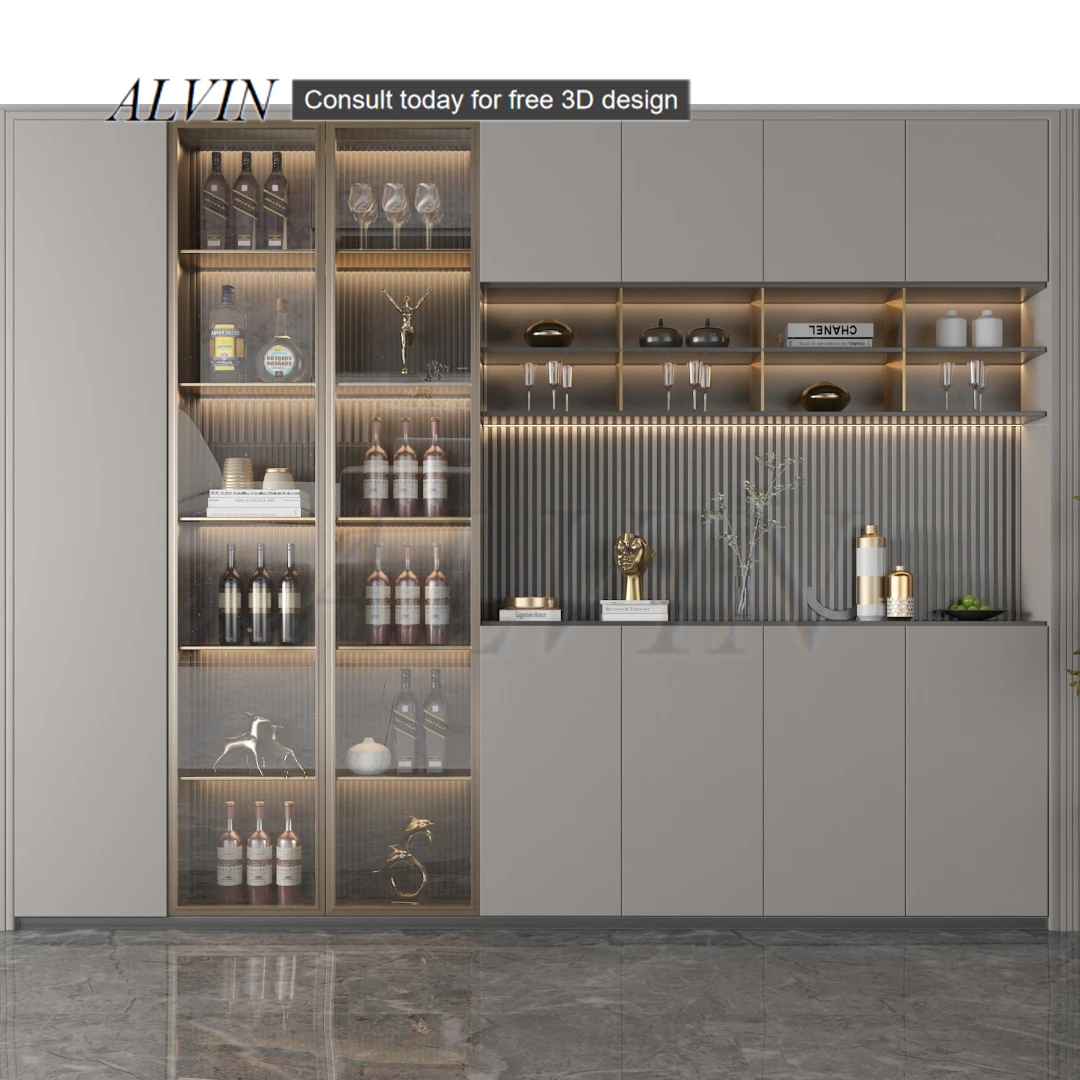 ALVIN Customized Living Room Furniture Wooden Bar Cabinet Storage Modern Curio Display Bar Corner Wine Cabinet Luxury
