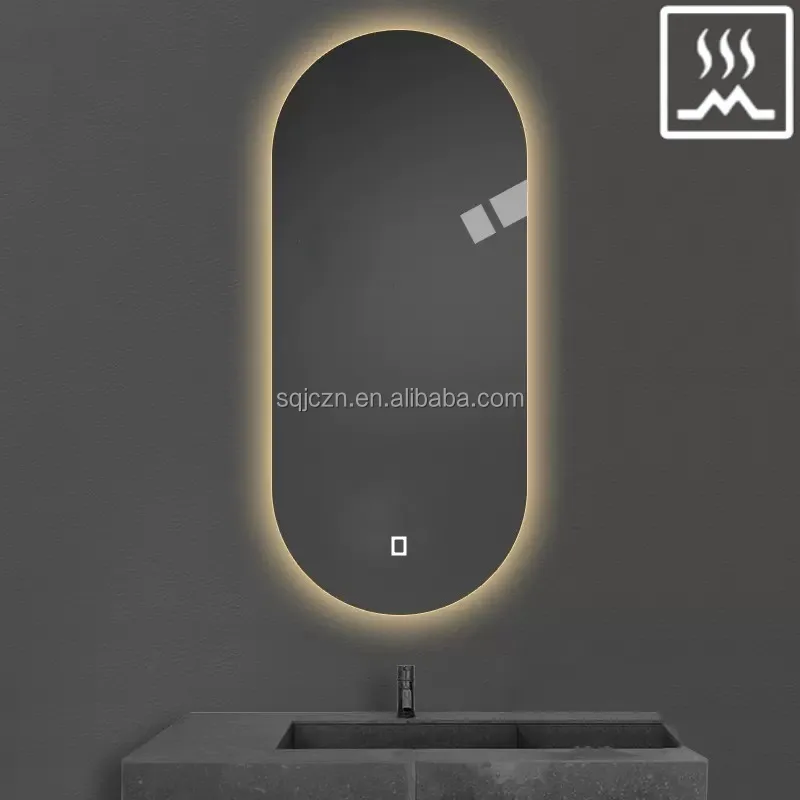 custom Oval Dimmable Anti-Fog Mirror with Lights IP44 Waterproof Shatterproof Bathroom Mirror With Clock Time